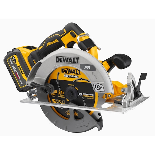 DEWALT cordless circular saw with brushless motor and XR battery, model DCS573T1, shown close-up.