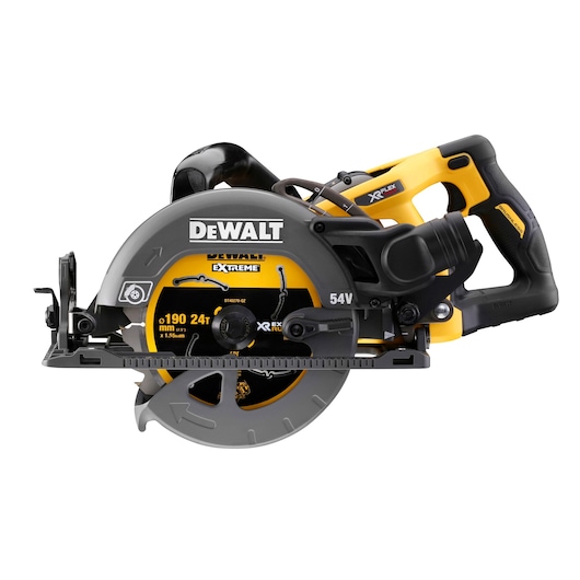 A DEWALT 54V cordless circular saw with yellow and black handle and gray blade guard.