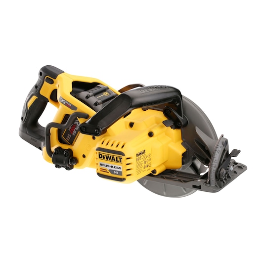 DEWALT DCS577T2 cordless circular saw with brushless motor, yellow and black design, shown in side view.