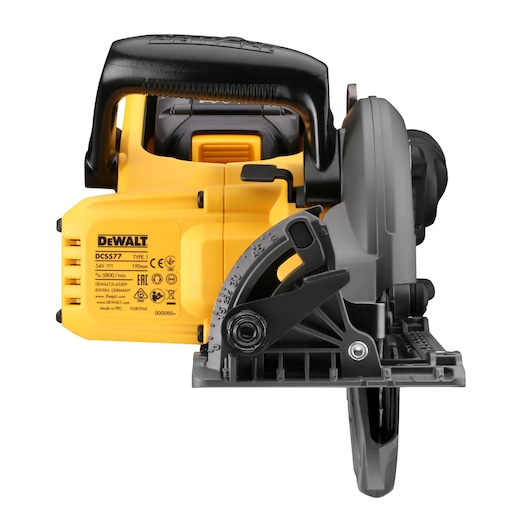 Front view of a DEWALT DCS577T2 cordless circular saw with yellow and black design, blade and handle visible.