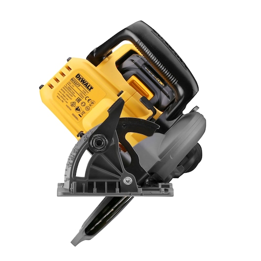 DEWALT DCS577T2 cordless circular saw with yellow and black design, shown on white background.
