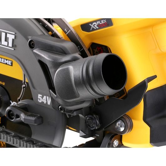 Close-up of DEWALT DCS577T2 XR FlexVolt 54V cordless circular saw, showing dust extraction port.