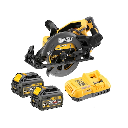 DEWALT circular saw kit with two batteries and a yellow charger, all shown together on a white background.