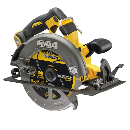 DEWALT cordless circular saw DCS578NT with blade, yellow and black, side view.