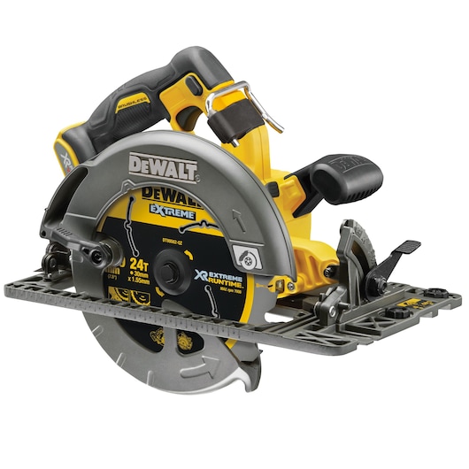DEWALT cordless circular saw with gray blade, black handle, and yellow body shown on white background.