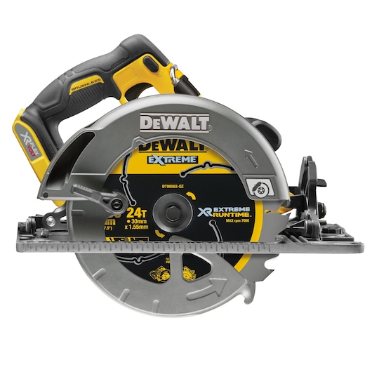 DEWALT DCS579N cordless circular saw with brushless motor and XR Extreme Runtime, front view.