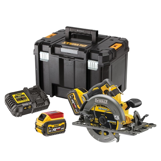 DEWALT cordless circular saw kit with case, batteries, and charger on white background.