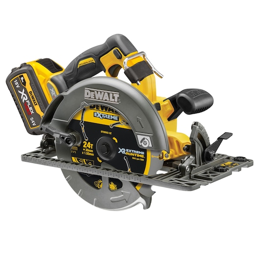 DEWALT cordless circular saw with 18V/54V XR FLEXVOLT battery, suitable for fast and precise wood cutting.