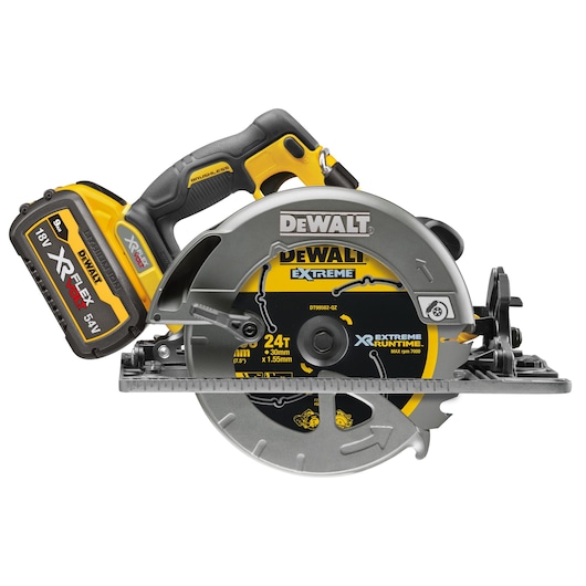DEWALT cordless circular saw with XR FLEXVOLT battery, designed for extreme performance and durability.