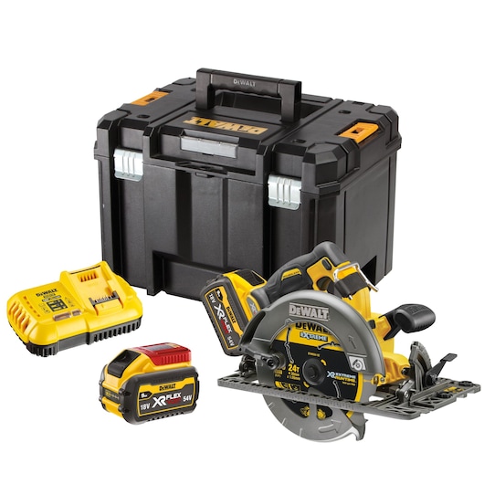 DEWALT circular saw kit with battery, charger, and storage box displayed on a white background.