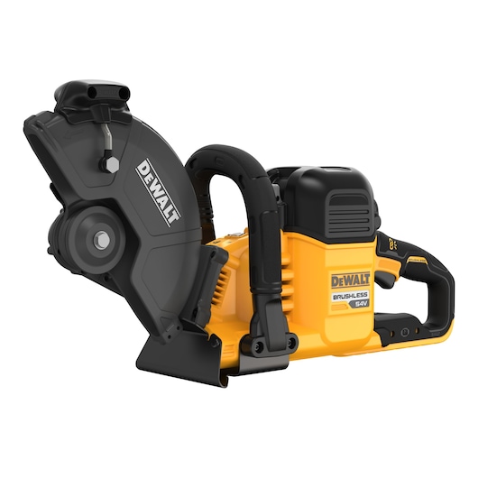 DEWALT cordless 54V brushless cut-off saw with yellow and black body, side view, model DCS691N.