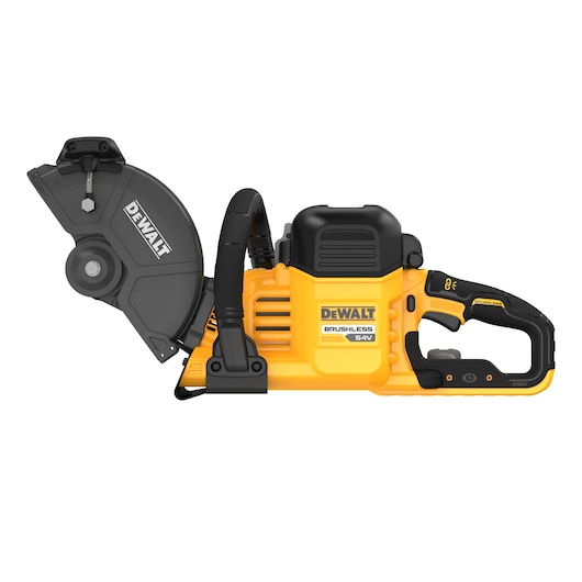 DEWALT 54V brushless cordless cut-off saw, yellow and black, side view, tool for cutting materials.