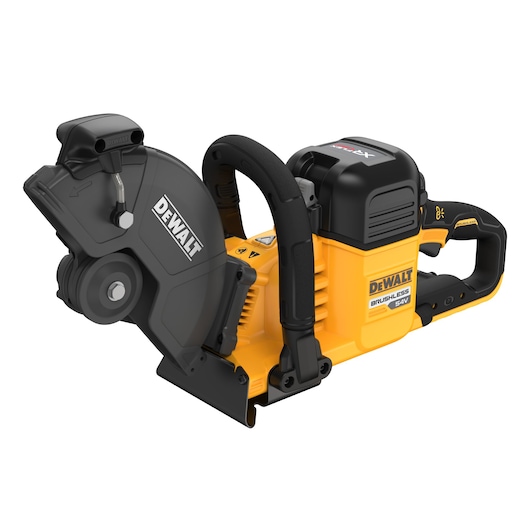 DEWALT DCS691N brushless 54V cordless cut-off saw with yellow and black body, side handle, and blade guard.