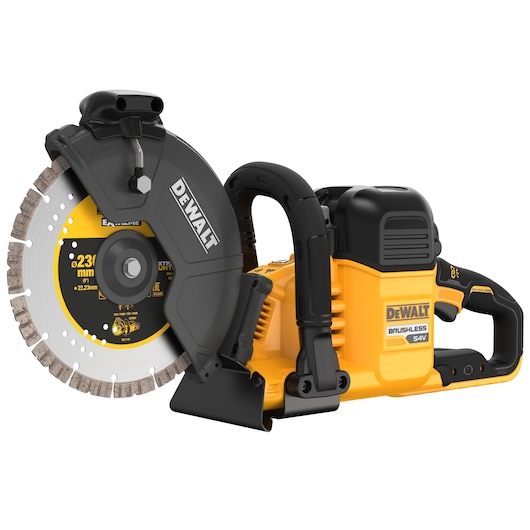 A DEWALT 54V brushless cordless cut-off saw with a 230 mm blade. The power tool has a yellow and black design and features ergonomic handles for user comfort.