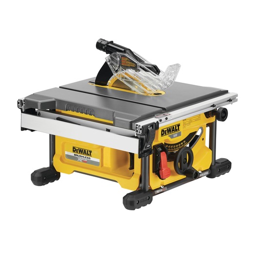 DEWALT DCS7485N cordless table saw with safety guard. Compact, yellow and black design for woodworking.