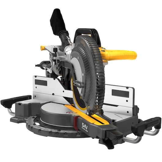 DEWALT DCS781N cordless mitre saw with yellow handle, dust bag, and adjustable base on white background.