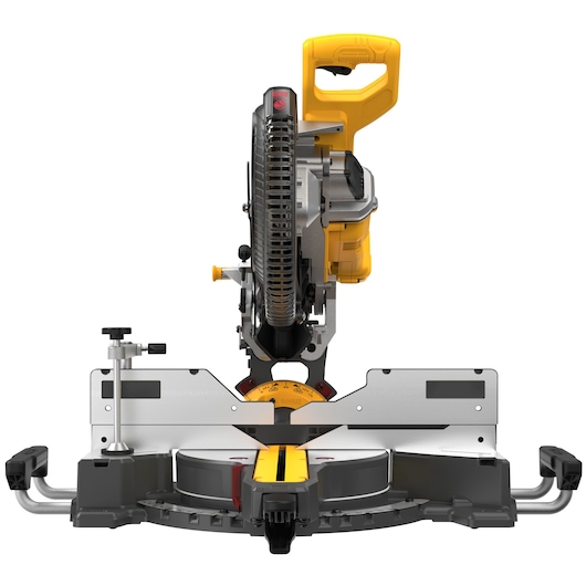 Front view of a DEWALT miter saw with yellow handle, used for precise wood cutting.