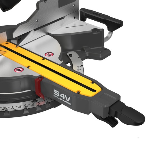 Close-up of a DEWALT 54V brushless mitre saw base and cutting blade, highlighting its handle and measurement scale.