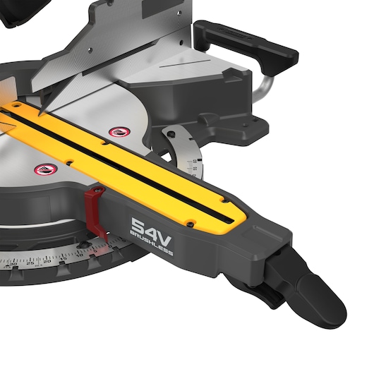 Close-up of DEWALT DCS781N 54V brushless mitre saw with yellow guide and angle measurement scale.