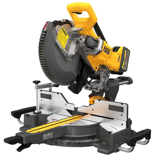 A DEWALT cordless brushless miter saw with a yellow and black design, model DCS781X2, featuring a 54V battery and a robust cutting platform.