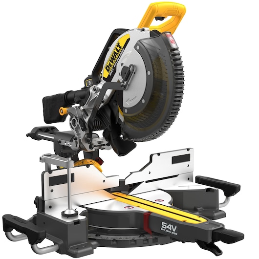 DEWALT miter saw, 54V, product SKUs DCS781X2-QW, DCS781X2. Photography category. Compact, durable saw tool.
