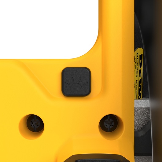 DEWALT DCS781X2-QW, DCS781X2 close-up yellow tool section with a button and partial label visible.