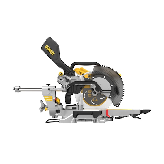 DEWALT cordless miter saw with yellow and black design, blade guard, and dust bag shown on a white background.