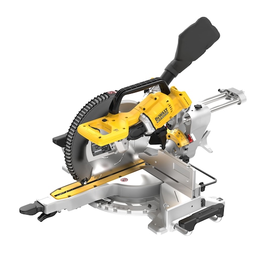 DEWALT DCS782N sliding compound miter saw with yellow body, blade guard and silver base, angled for display.