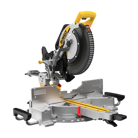 DEWALT DCS782N sliding mitre saw with yellow and black handle, used for precise woodworking and cutting tasks.