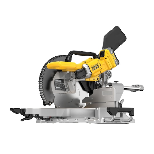 DEWALT cordless mitre saw with yellow and black design, rechargeable battery and sturdy metal base.