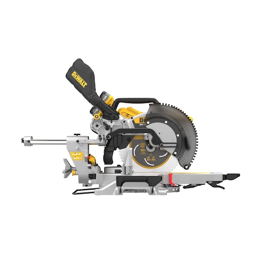 Side view of a DEWALT cordless electric miter saw with yellow and black design and dust bag attachment.