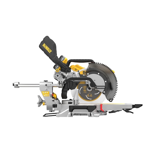 DEWALT cordless mitre saw with dust bag and adjustable base, shown in side view on a white background.