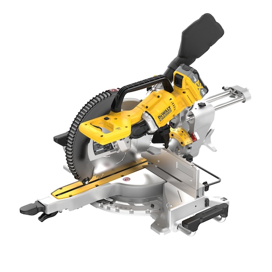 DEWALT yellow cordless sliding miter saw with silver base and black handle shown in side view.