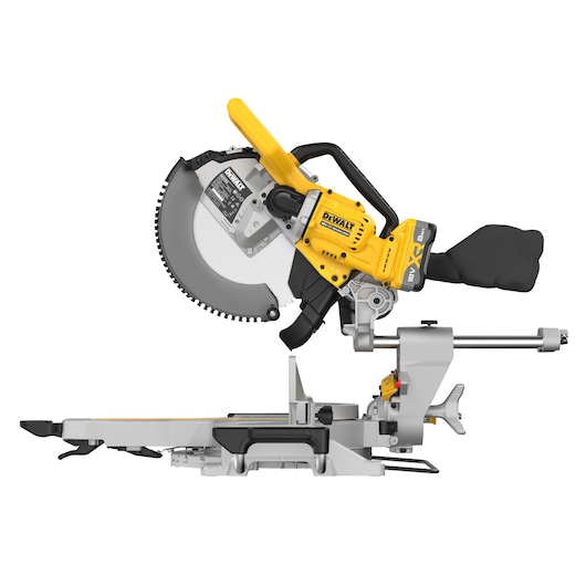 DEWALT cordless miter saw with yellow handle, grey base, and blade guard, shown from the side.