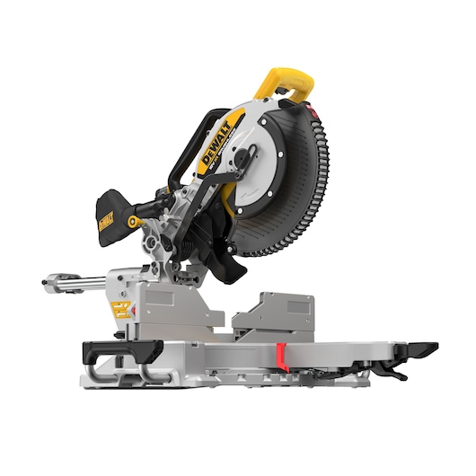 DEWALT sliding miter saw with yellow and black detailing, used for precise wood cutting.