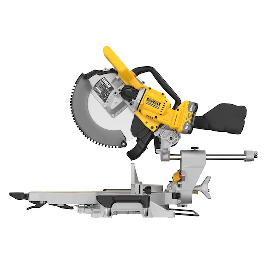DEWALT cordless sliding mitre saw with yellow and black design, side view on white background.