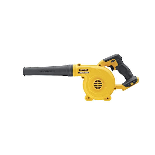 A DEWALT DCV100 portable handheld blower with a yellow and black body and ergonomic handle, shown on a white background.