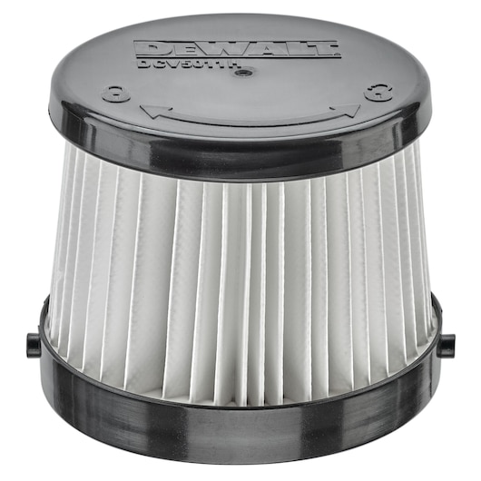 A DEWALT DCV5011H cylindrical pleated vacuum filter with a black plastic top and bottom, designed for use in DEWALT vacuum cleaners.