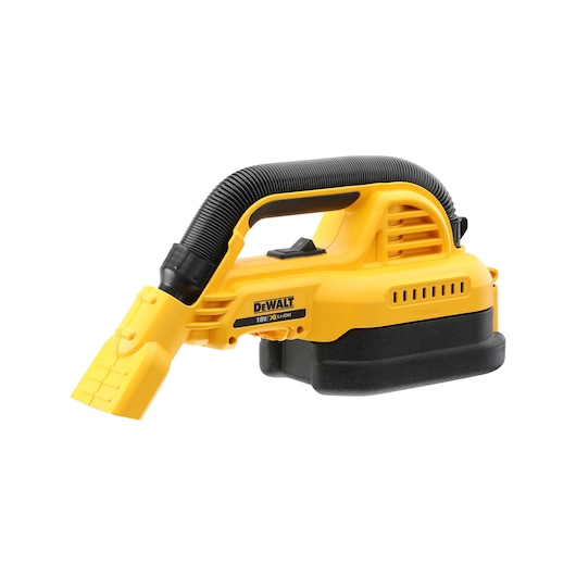 DEWALT DCV517N portable yellow cordless vacuum cleaner with flexible hose and nozzle, displayed on white background.