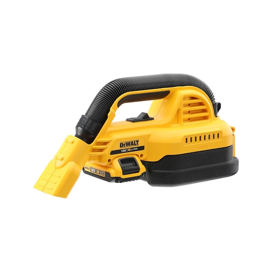Yellow DEWALT DCV517N cordless handheld vacuum with a flexible hose and nozzle, designed for quick cleanup.