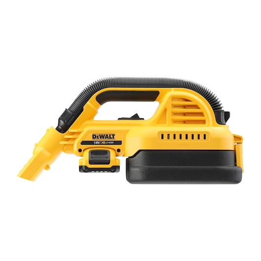 DEWALT DCV517N 18V yellow handheld vacuum cleaner with hose, shown on white background.