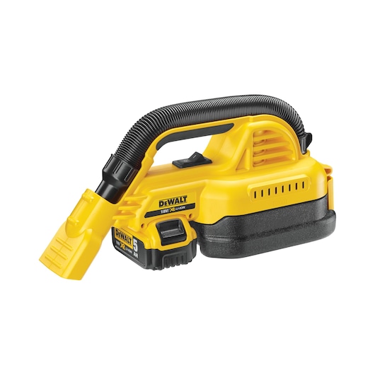 DEWALT DCV517N portable yellow vacuum cleaner with flexible hose and battery pack.