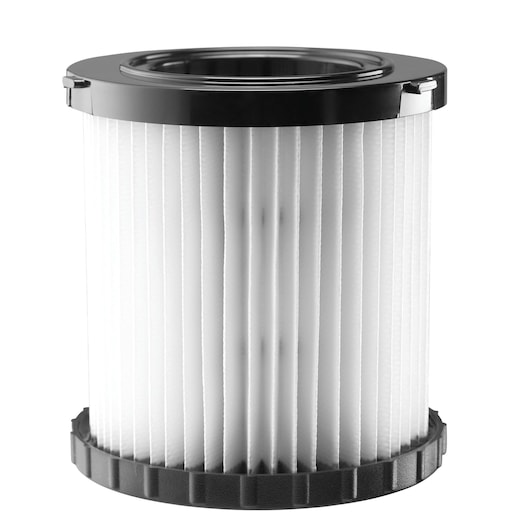 A cylindrical vacuum filter with pleated white material and black plastic end caps, shown against a white background.
