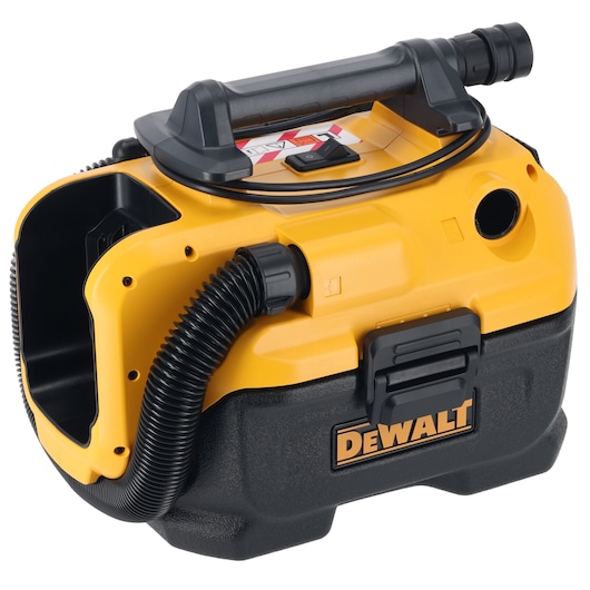 A portable DEWALT vacuum cleaner, model DCV584L, featuring a yellow and black body with a handle, hose attachment, and an easy-access compartment. Designed for robust cleaning in professional or workshop settings.