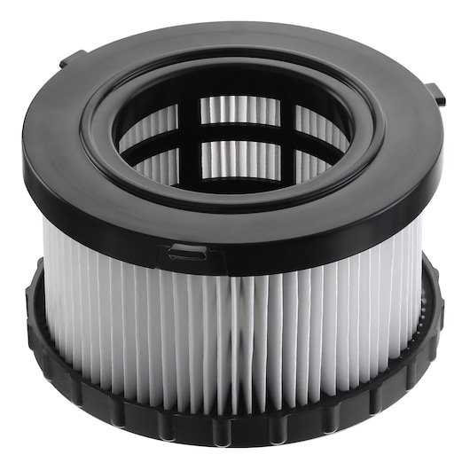A cylindrical pleated vacuum filter with a black plastic frame, designed for use with a DEWALT vacuum cleaner.