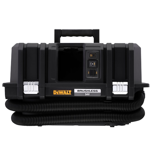 DEWALT brushless 54V portable vacuum with handle and hose, black, front view.
