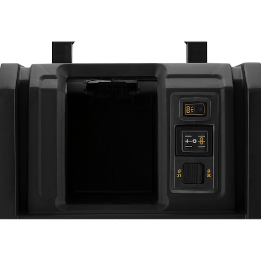 Close-up of DEWALT DCV586MN control panel featuring buttons and a slot on a black surface.