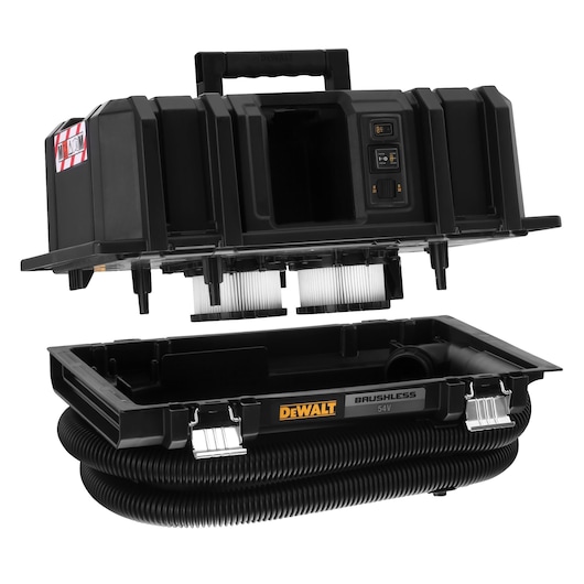 DEWALT 54V brushless vacuum cleaner with detachable top and filters, hose stored in the base.