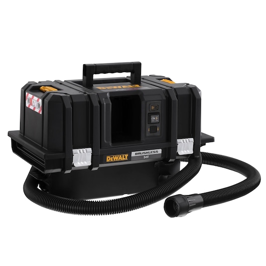 DEWALT DCV586MN portable brushless 54V dust extractor with handle and flexible hose, black and yellow design.