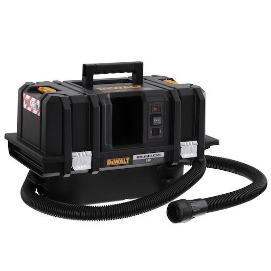 DEWALT 54V brushless portable vacuum cleaner with flexible hose and handle, black and yellow design.